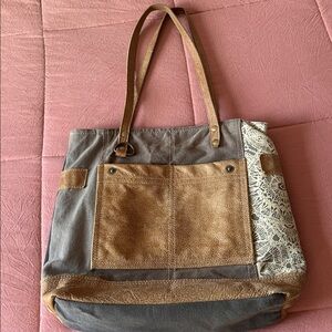 Side Floral Print Canvas Tote Bag Upcycled Purse